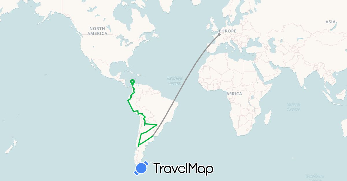 TravelMap itinerary: driving, bus, plane in Argentina, Bolivia, Colombia, Ecuador, France, Peru (Europe, South America)